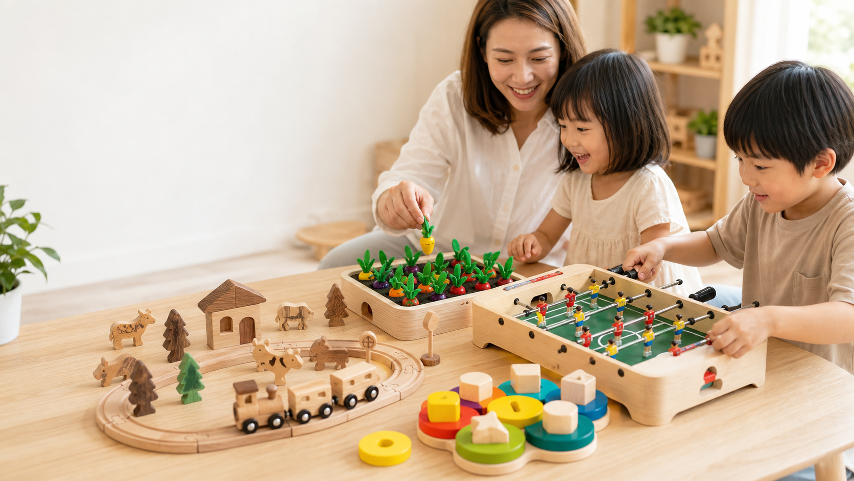 Family playing Miosea wooden toys together